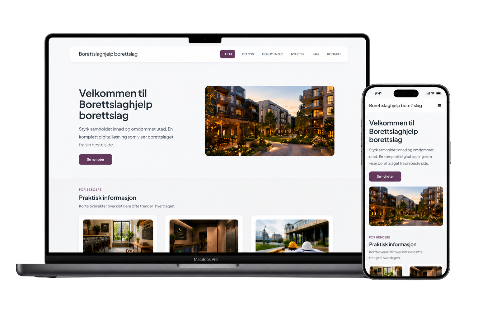 Illustrasjon av nettsiden vist på laptop og mobil